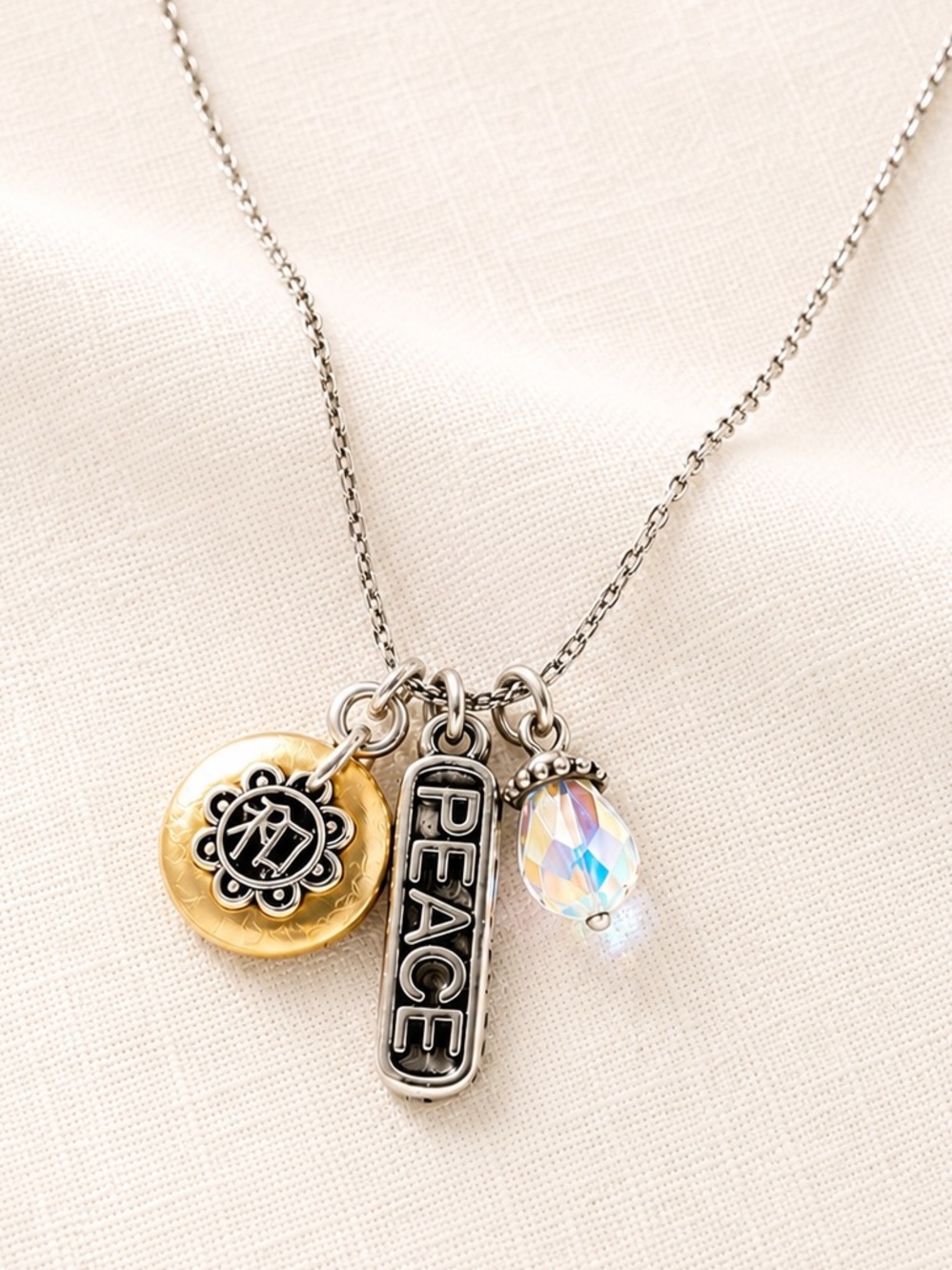 Brighton Peace Charm Vintage Necklace Silver Gold Tone Crystal Pendant 16”